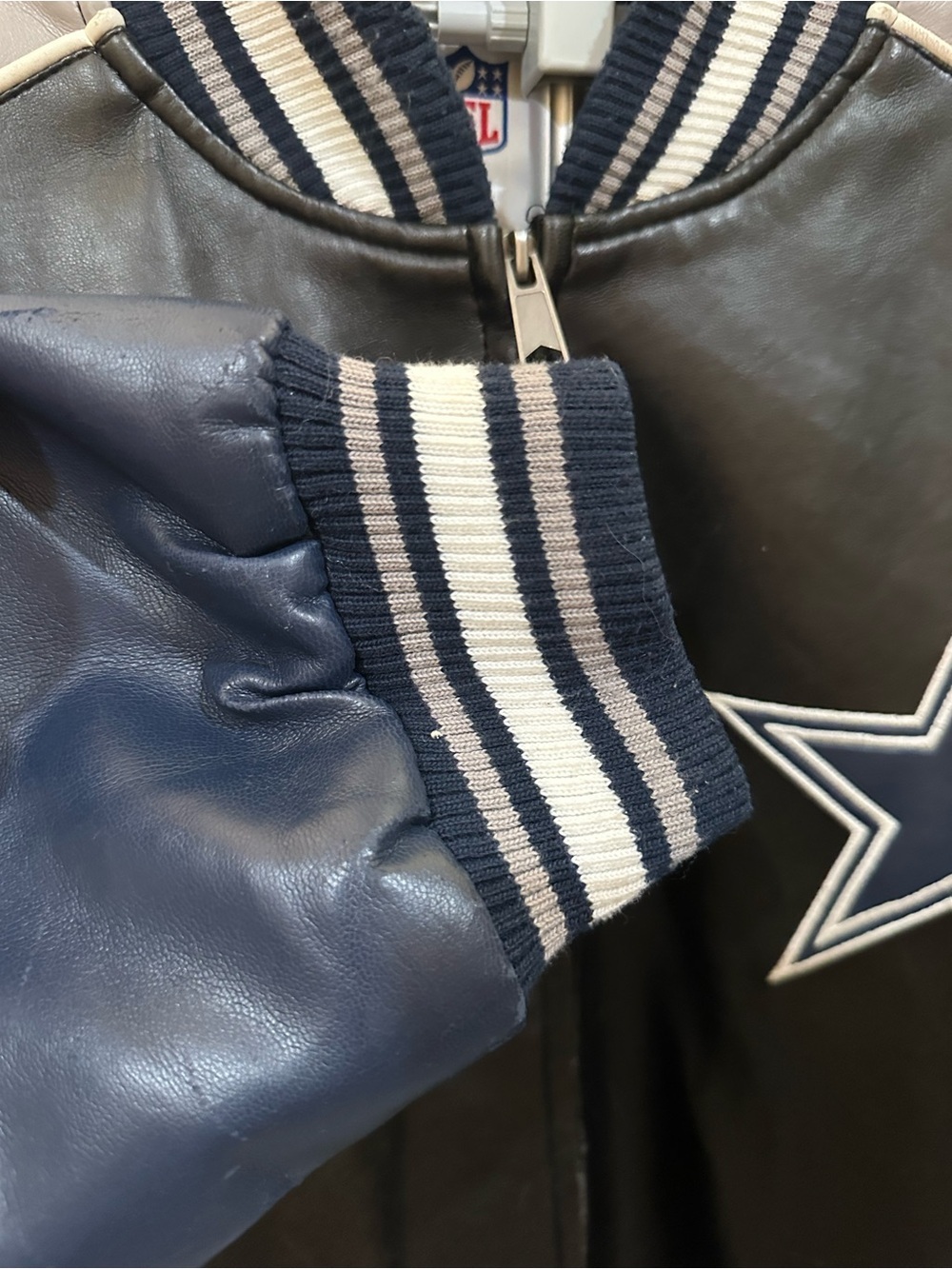 NFL Black, Navy & Cream Dallas Cowboys Faux Leather Bomber Jacket - Picture 7 of 16